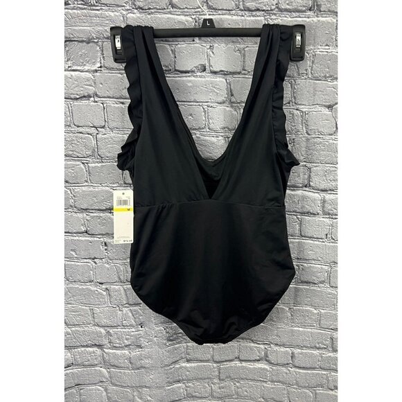 Catalina Swimwear Black 1 Piece Swimsuit Size M Ruffle Smocked Deep Plunge NWT - Picture 6 of 12